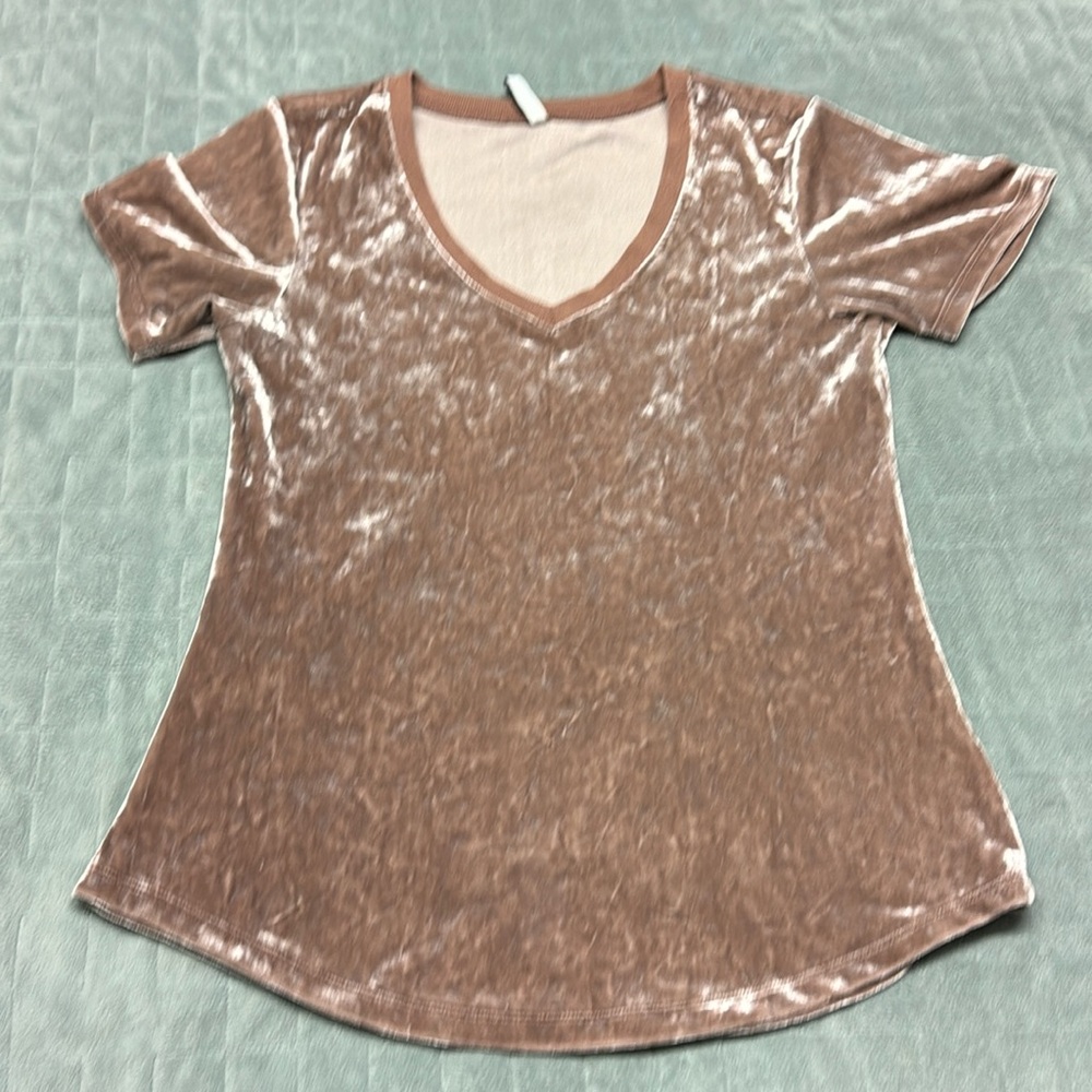 Z Supply Velour Short-Sleeve Top, Shirt, V Neck, Beige, Tan, Size XS
